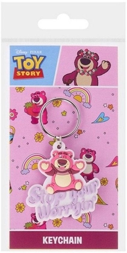 Disney Pixar Lotso rubberen sleutelhanger met tekst “Stop Your Worrying” – Toy Story beer keychain van flexibel rubber, ideaal voor sleutels of tas, leuk cadeau voor Disney fans.