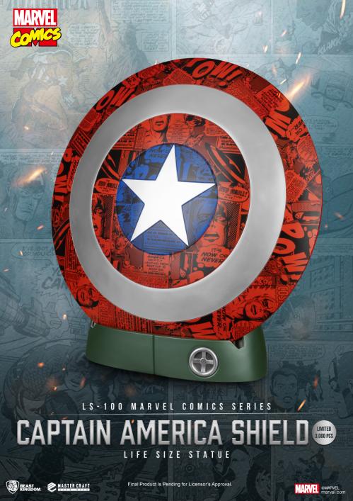 Levensgrote replica van Captain America’s iconische schild, gedetailleerd en krachtig.