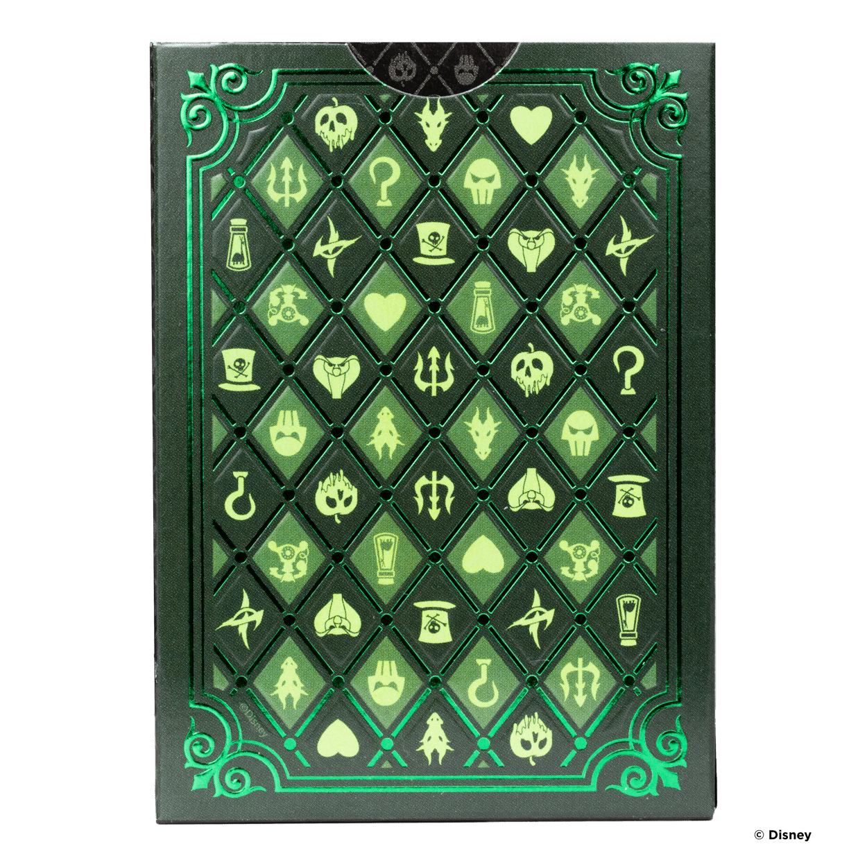 “Detail achterkant kaart: duister patroon met subtiel Disney‑Villains‑logo in zilverfolie.”