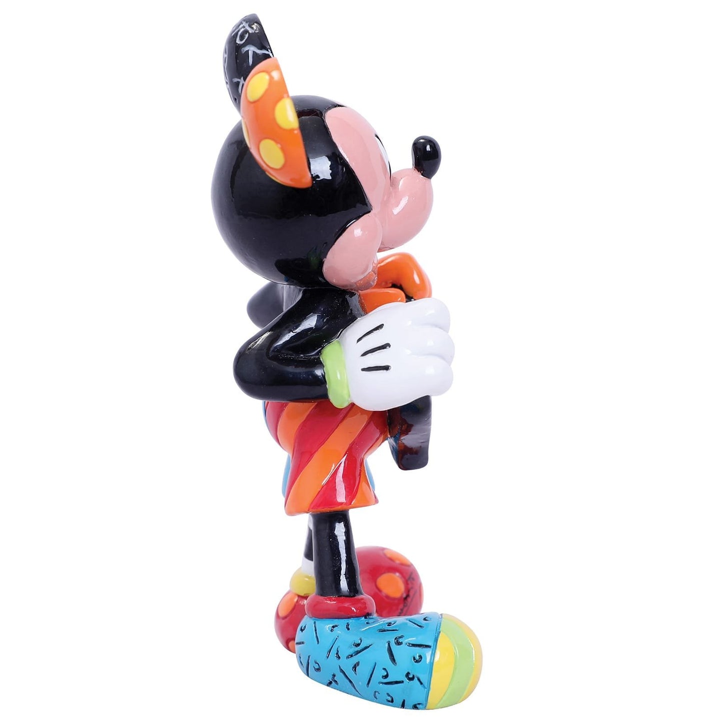 Kleurrijk en speels Mickey Mouse beeldje, ontworpen door Romero Britto, geleverd in stijlvolle merkdoos voor cadeau of collectie.