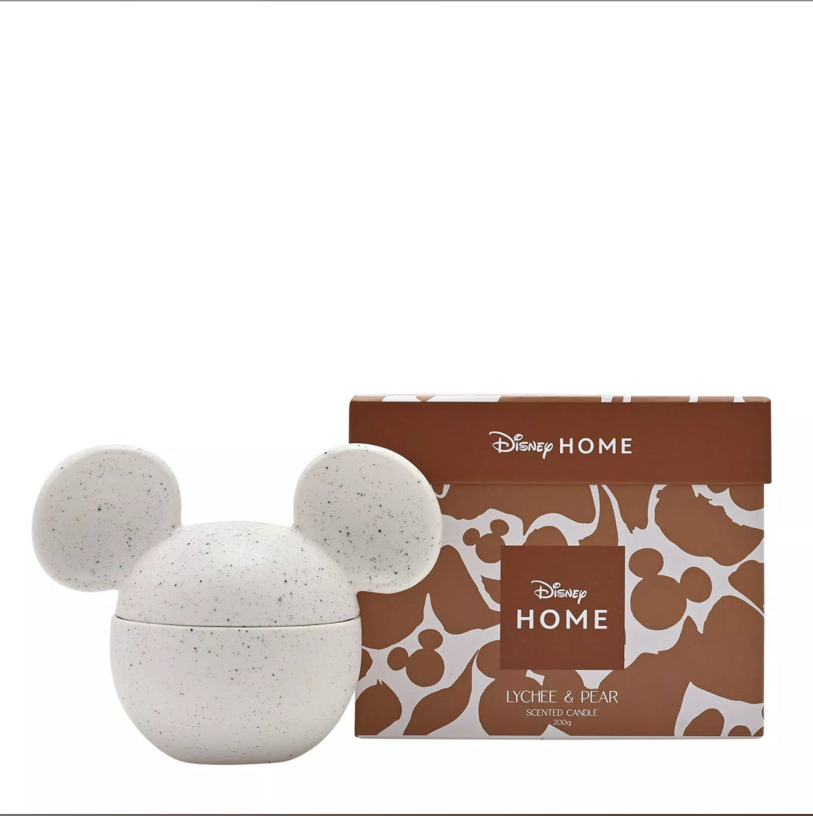 Witte matte keramieken Disney Mickey Mouse geurkaars met gespikkelde afwerking en deksel, gepresenteerd in luxe geschenkverpakking.