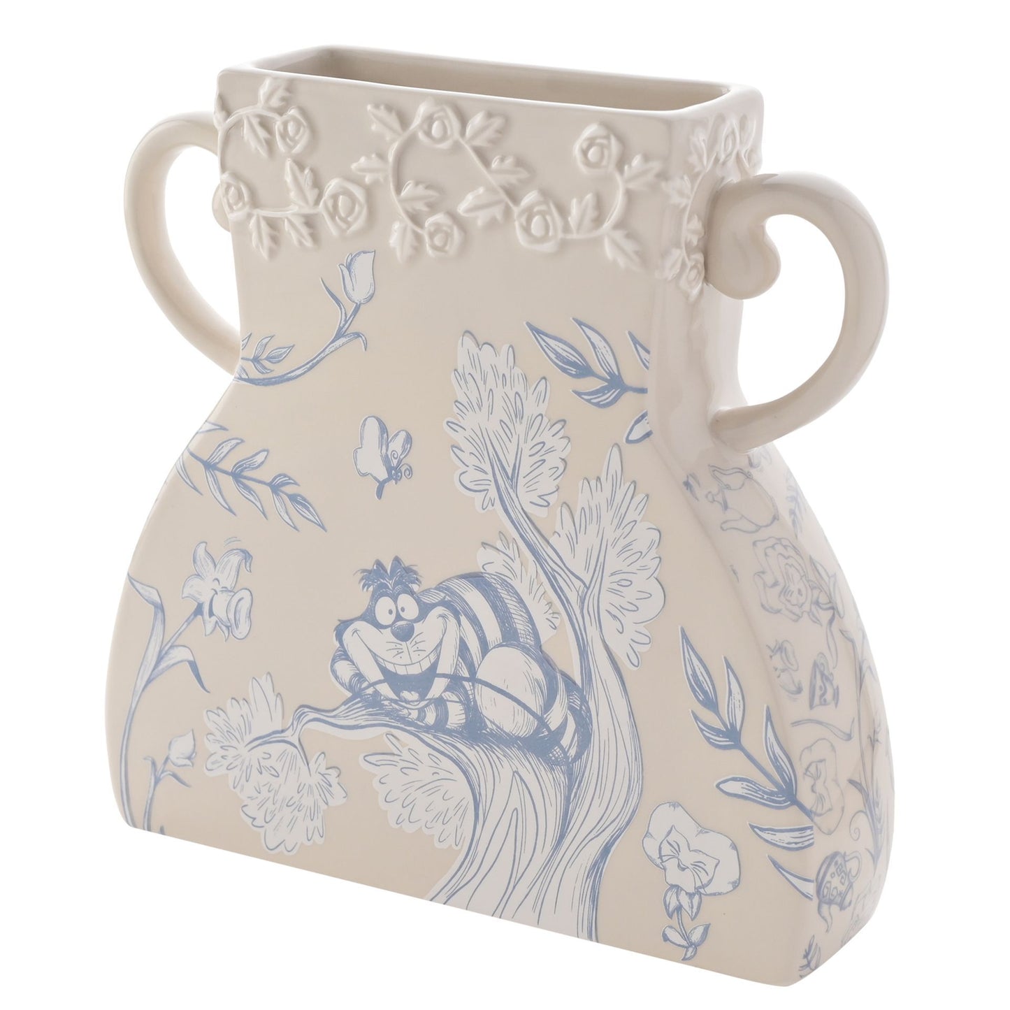 "Vaas van de Cheshire Cat uit Alice in Wonderland, met opvallende paarse en roze strepen en de kenmerkende mysterieuze glimlach."