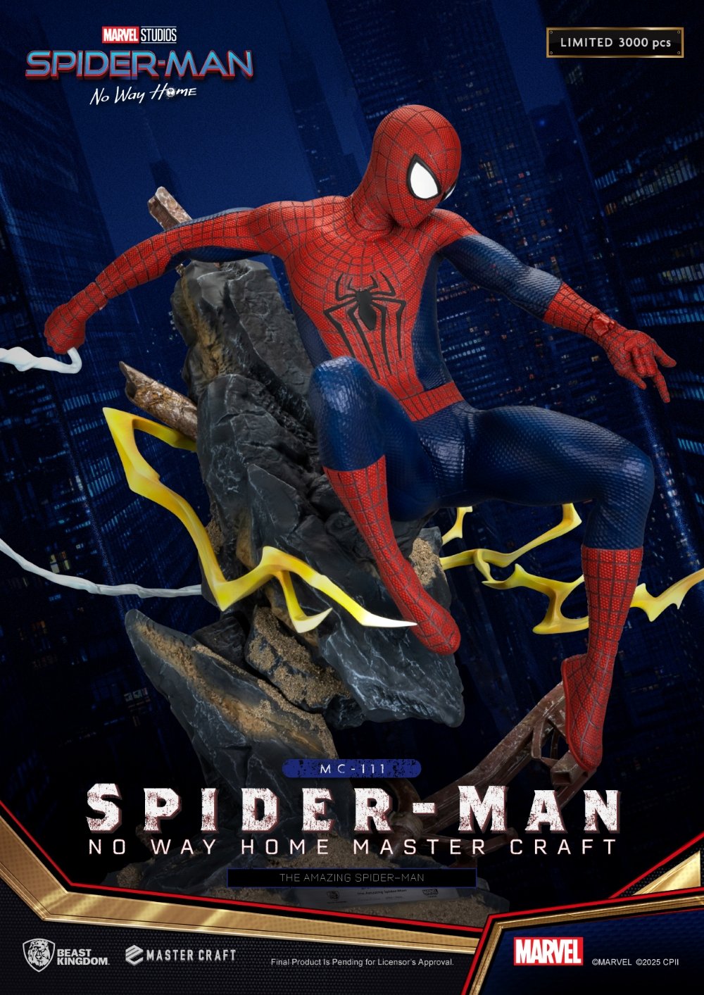 Hoogwaardig Spider-Man standbeeld – diepblauw en rood pak met groot borst-embleem en realistische texturen