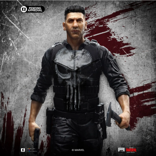 The Punisher Art Scale 1/10 statue van Iron Studios, in zwarte outfit met iconisch schedellogo en zware bewapening.