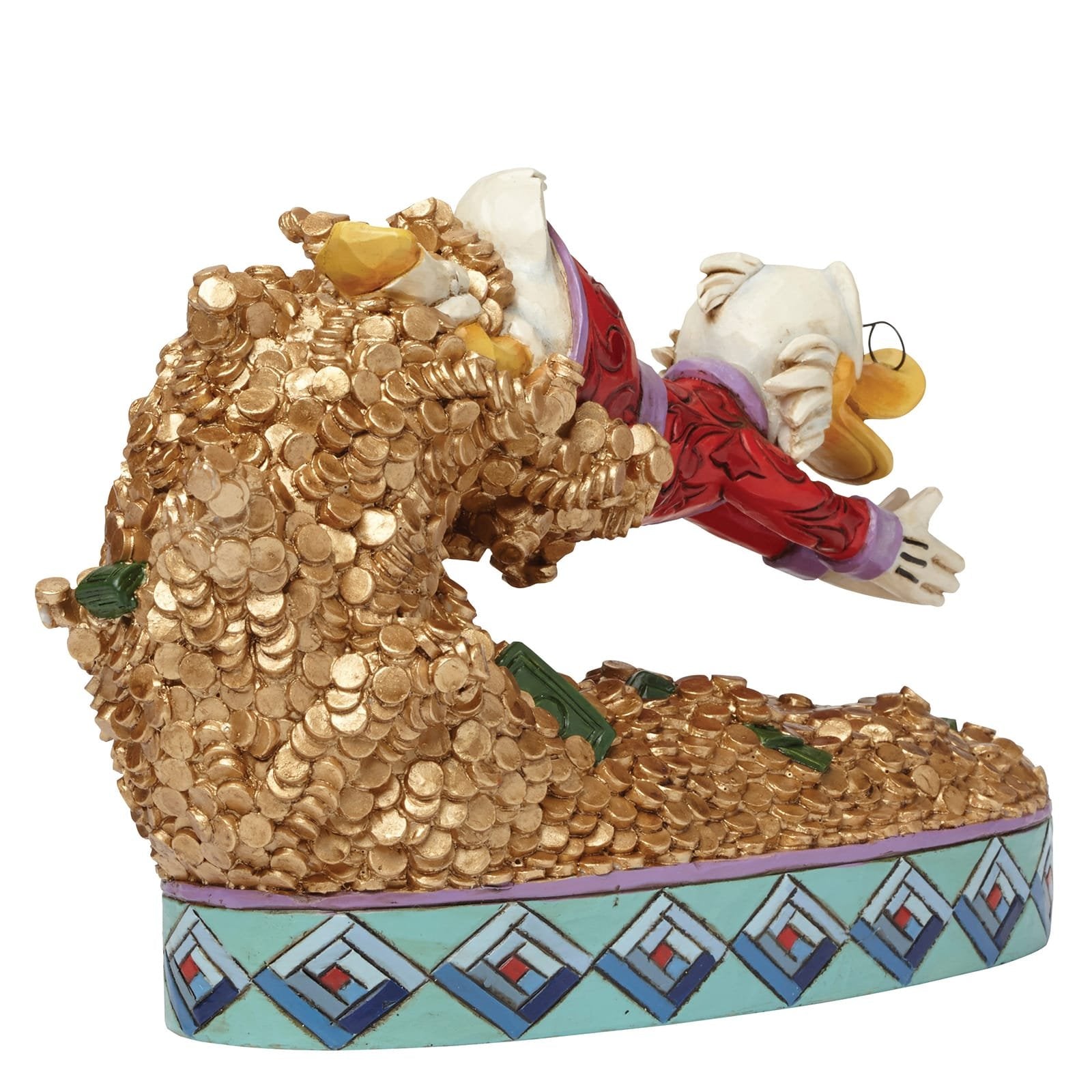 Handgeschilderd Oom Dagobert beeldje met rijke kleuren en grafische patronen, onderdeel van de vrolijke Disney by Britto-serie.