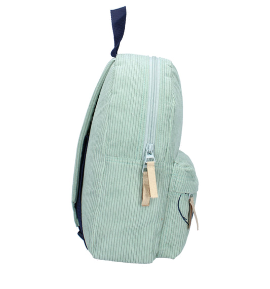 Stijlvolle ribstof rugzak in lichtgroen, met een groot hoofdvak en Stitch design voor een trendy en praktische look.