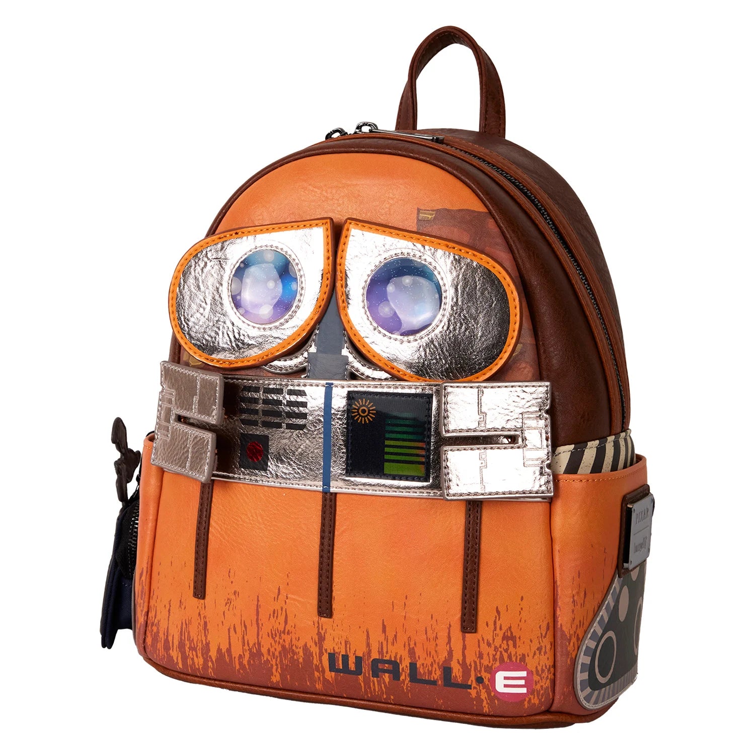 Voorzijde van de Loungefly mini backpack met geborduurde WALL-E details en metallic accenten.