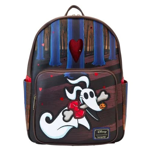 Loungefly rugzak geïnspireerd op Zero uit The Nightmare Before Christmas, met hartvormige deur en gouden accenten.