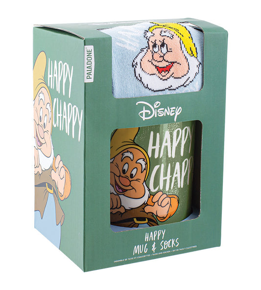 Vrolijke Happy giftset uit Sneeuwwitje en de Zeven Dwergen. Inclusief mok en zachte sokken met Happy-design.