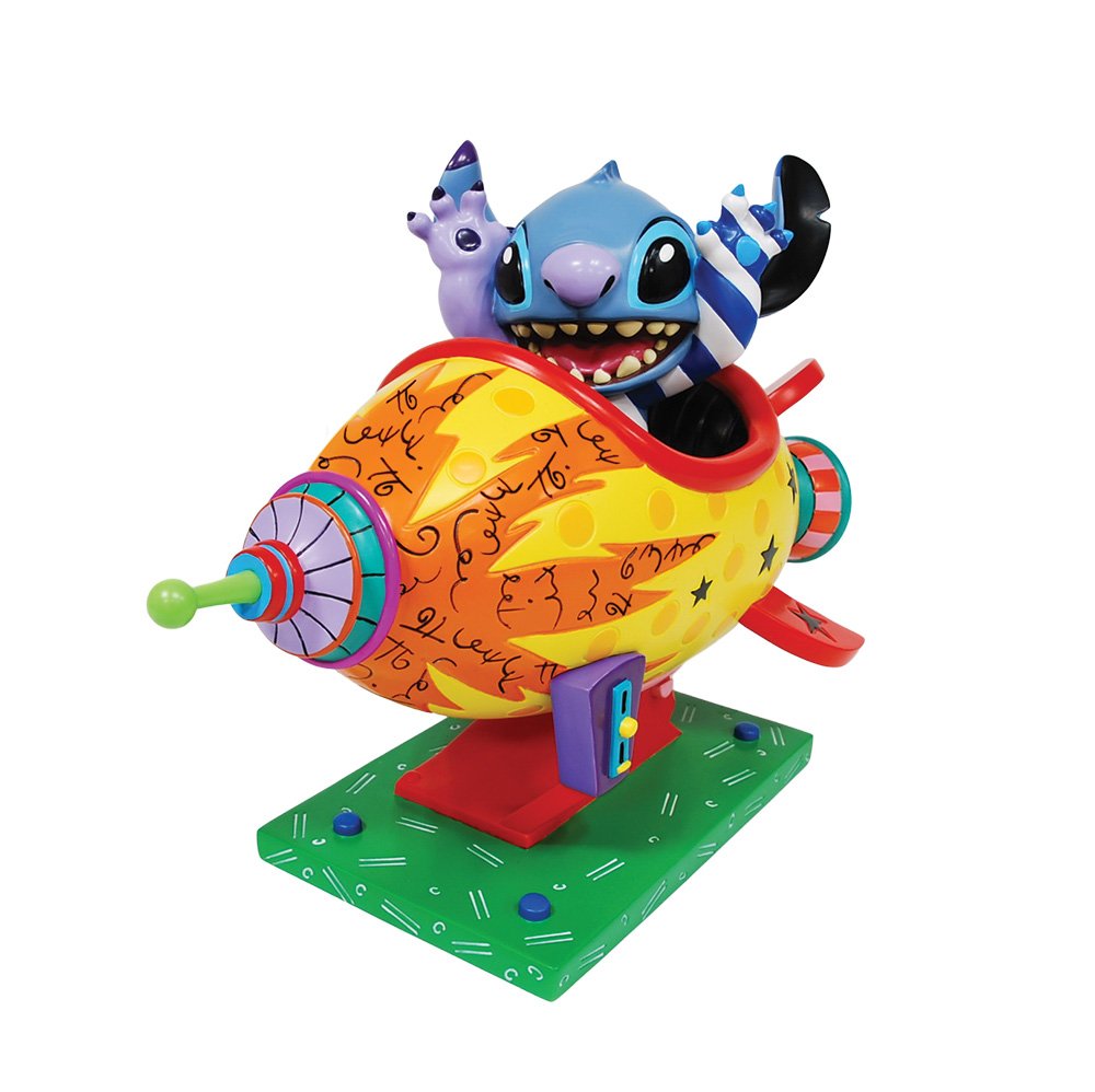 “Britto Stitch Rocket Ship beeld, kleurrijk Disney pop-art ontwerp geïnspireerd door Romero Britto, officieel gelicentieerd collectible voor fans en verzamelaars.”