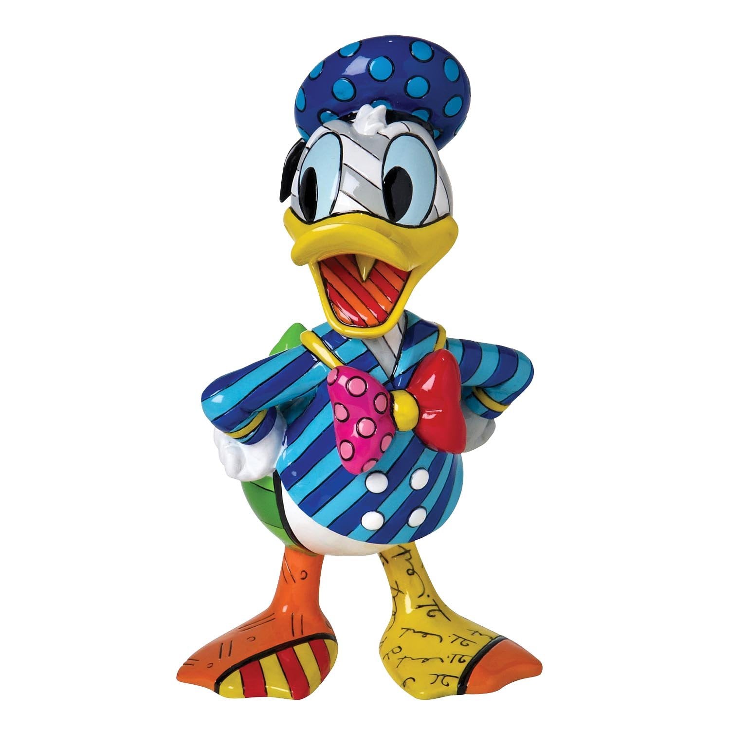 Beeldje van Donald Duck in pop-art stijl van Romero Britto met felle kleuren, geometrische patronen en een oversized strik.