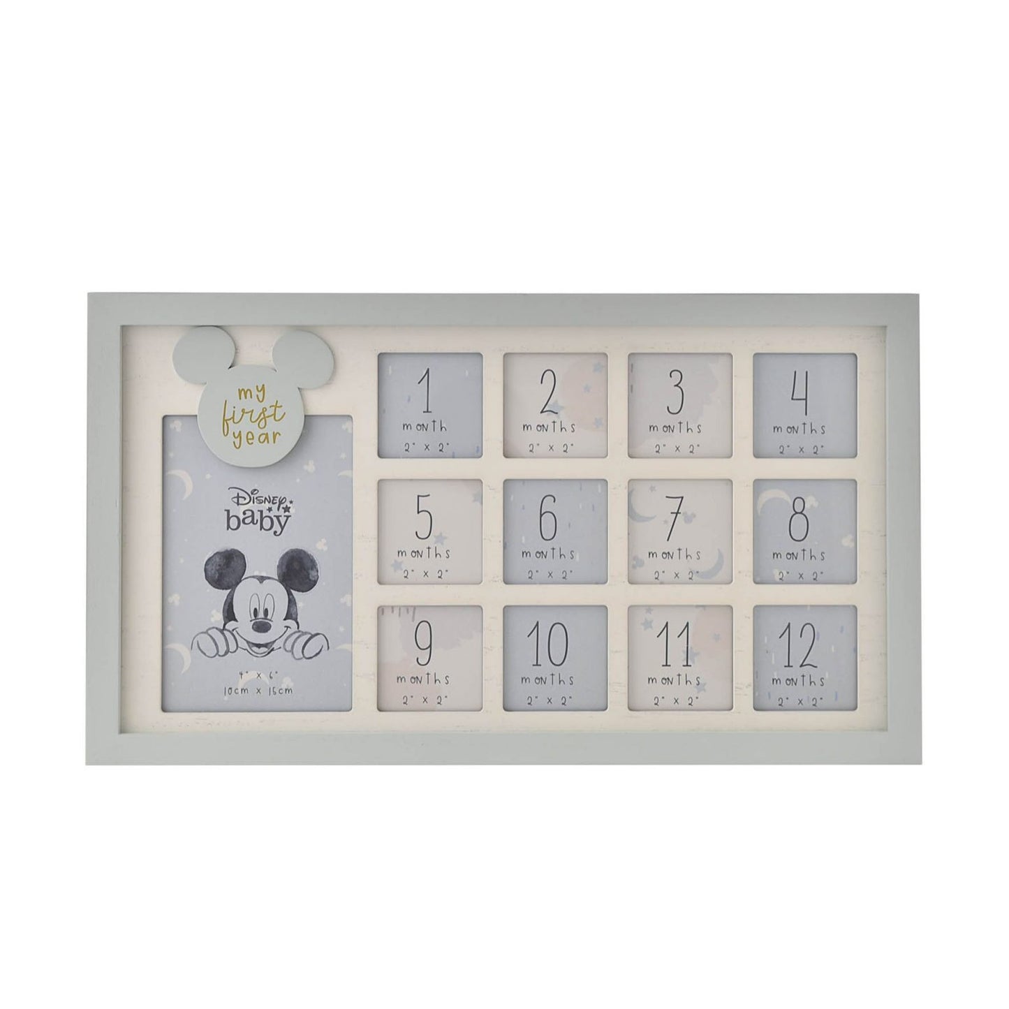 Disney Mickey Mouse baby fotolijst voor eerste levensjaar met maandelijkse foto's en favoriete babyfoto als blijvende herinnering.