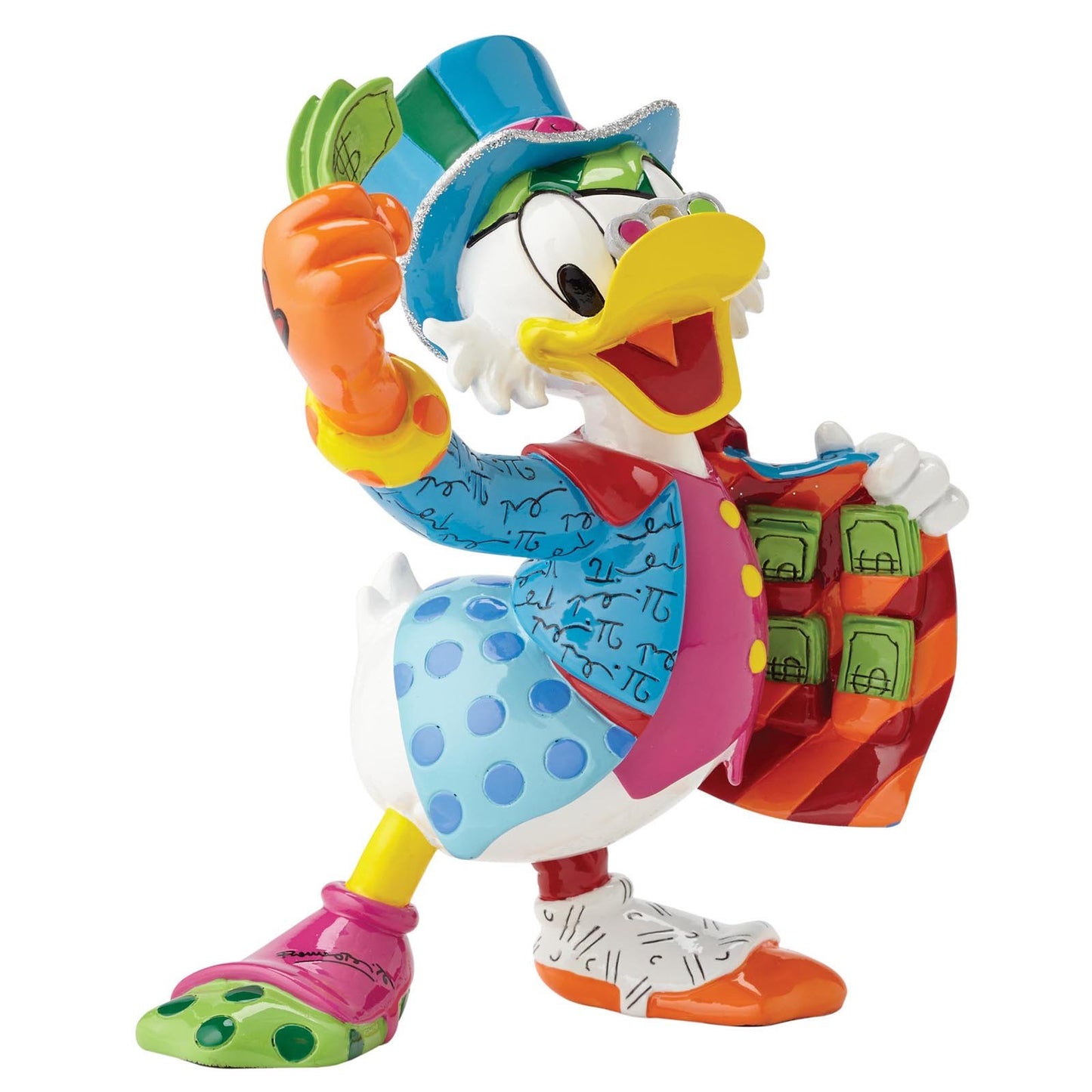 Gietsteenbeeldje van Oom Dagobert uit de Disney by Britto collectie, met levendige kleuren, grote glimlach en handgeschilderde details, verpakt in een stijlvolle geschenkdoos.