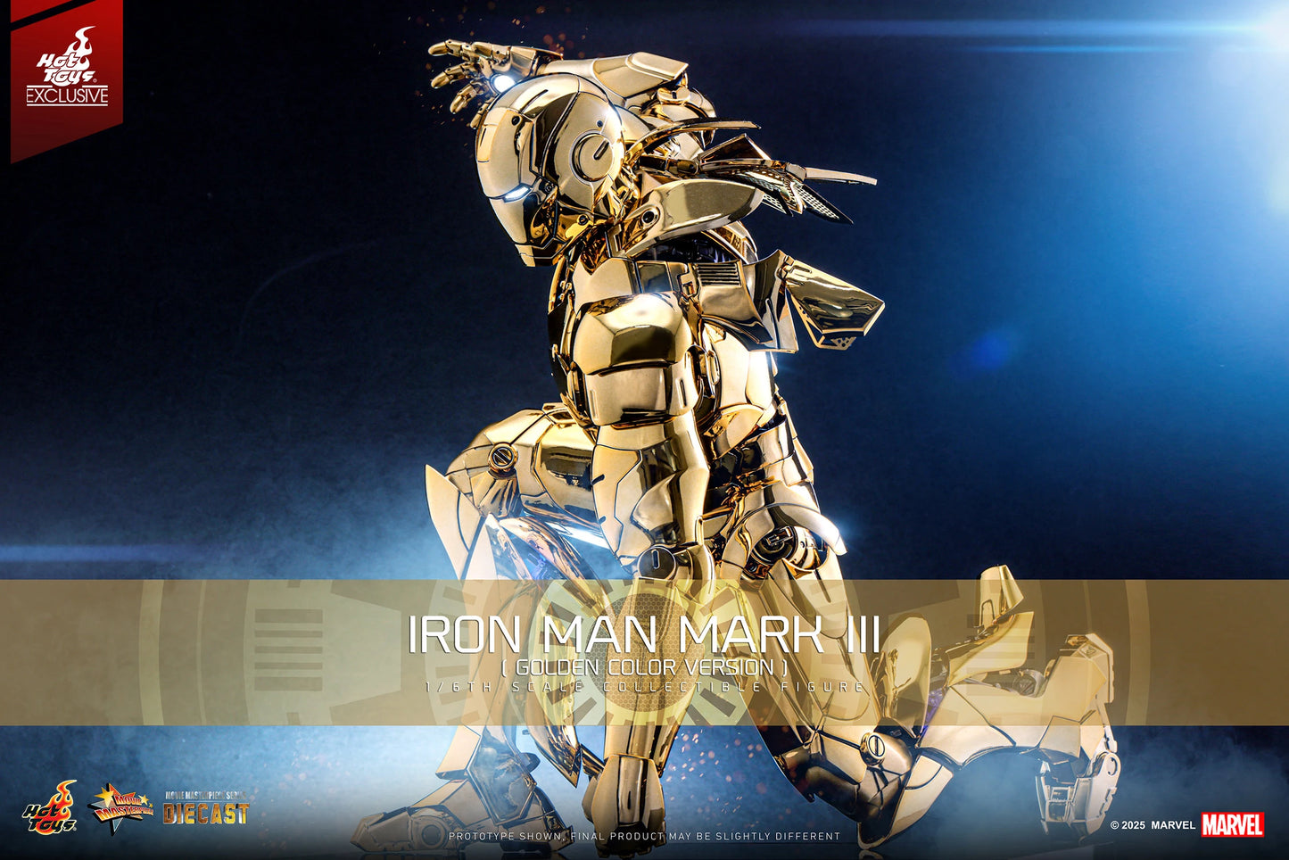 Iron Man Mark III zesde-schaal diecast figuur met opvallende gouden kleur en verfijnde details.