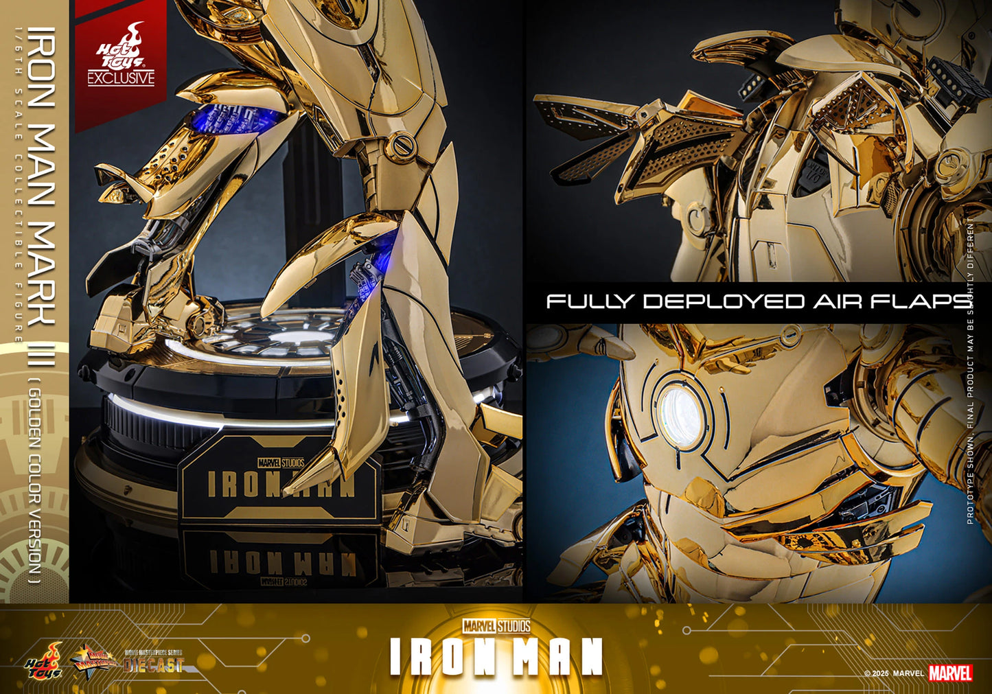 Gedetailleerd Iron Man Mark III figuur met metallic gouden afwerking en LED-verlichting.
