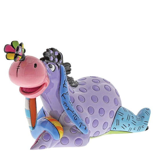 Handbeschilderd Eeyore-beeldje van Romero Britto in lavendelkleur met polkadots, gemaakt van gietsteen en verpakt in een geschenkdoos met venster.
