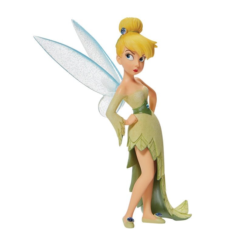 Tinker Bell beeldje van Disney, elegant met handen in de zij, fonkelende vleugels en blaadjesjurk, straalt magie en charme uit – geleverd in geschenkdoos.