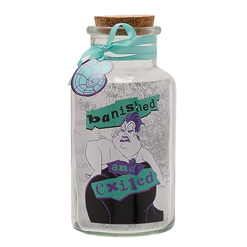 Disney Ursula glazen pot met LED-verlichting, voorzien van Ursula-afbeelding en 'Banished and Exiled'-tekst, ideaal als Disney woondecoratie of verzamelobject.