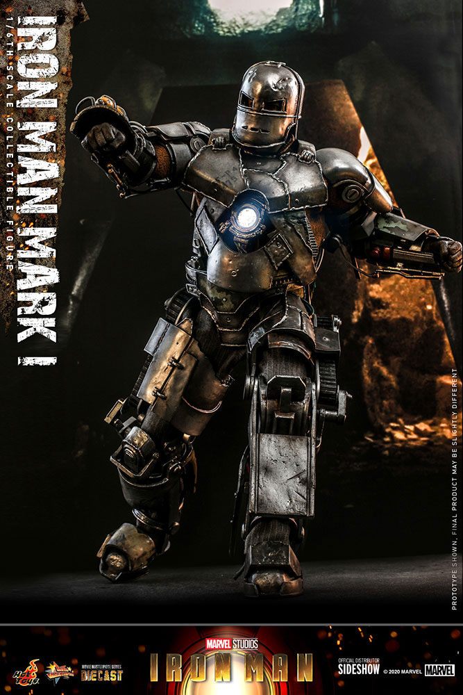 Iron Man Mark I 1/6 schaalfiguur met realistisch metalen pantser en weathering-details.