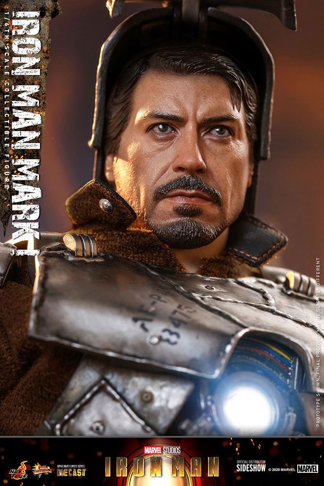 Gedetailleerde weergave van Tony Stark's zelfgebouwde Iron Man Mark I harnas in schaal 1/6.