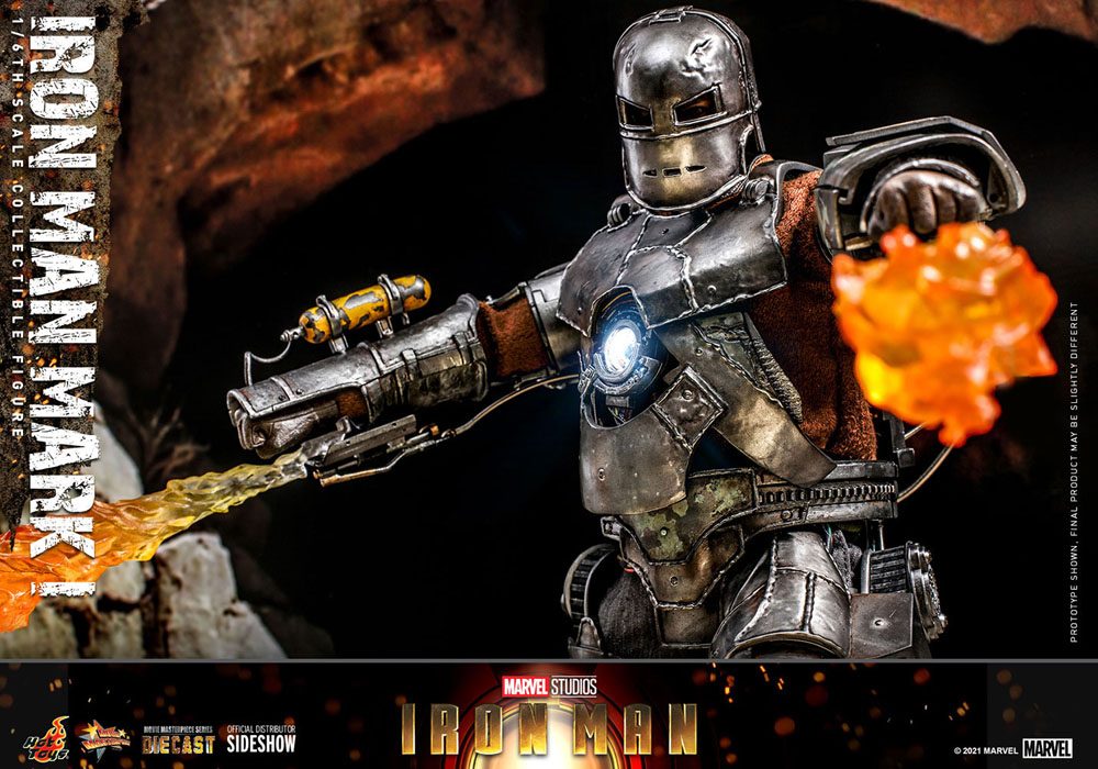 Close-up van het hoofdsculpt van Tony Stark bij de Iron Man Mark I verzamelfiguur.