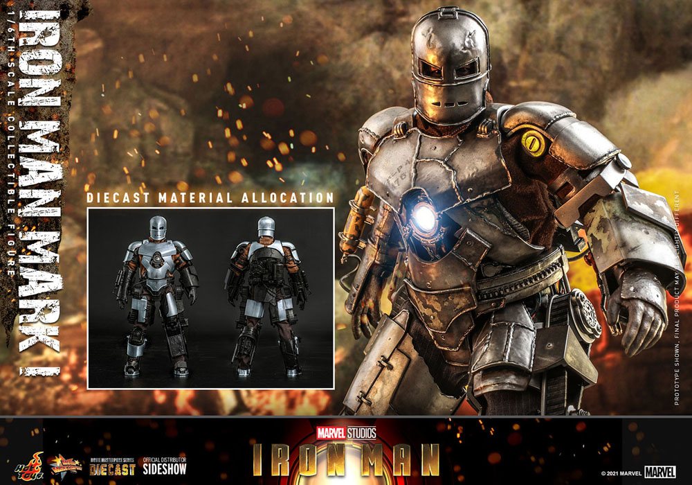 Iron Man Mark I actiefiguur met filmaccurate accessoires en realistisch verouderingseffect.