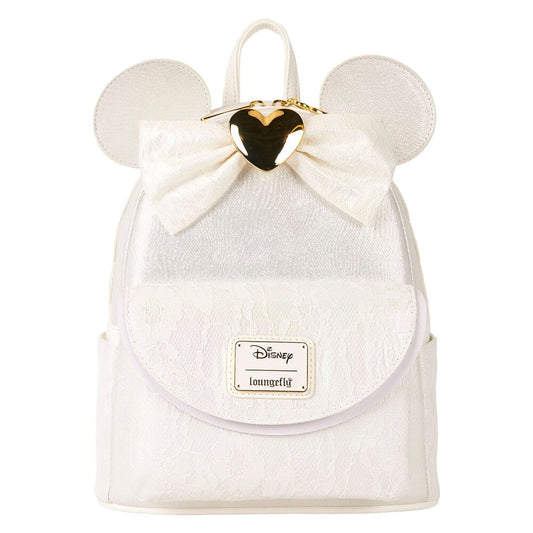 Disney mini-rugzak met iriserend kant, 3D-strik en gouden hartbedel. Perfect bruidscadeau of accessoire voor de grote dag.