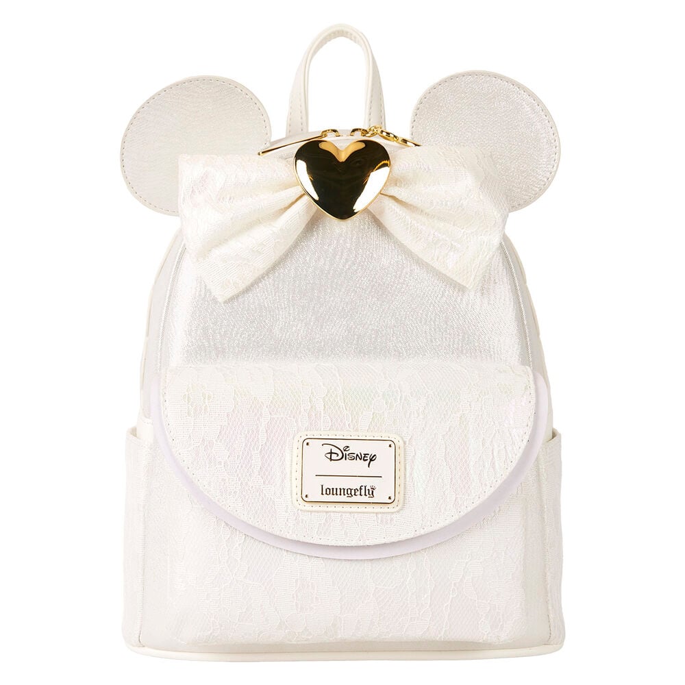 Disney mini-rugzak met iriserend kant, 3D-strik en gouden hartbedel. Perfect bruidscadeau of accessoire voor de grote dag.