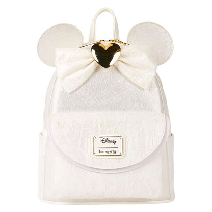 Disney mini-rugzak met iriserend kant, 3D-strik en gouden hartbedel. Perfect bruidscadeau of accessoire voor de grote dag.
