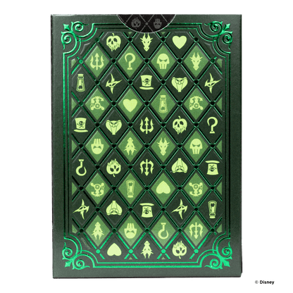 “Detail achterkant kaart: duister patroon met subtiel Disney‑Villains‑logo in zilverfolie.”