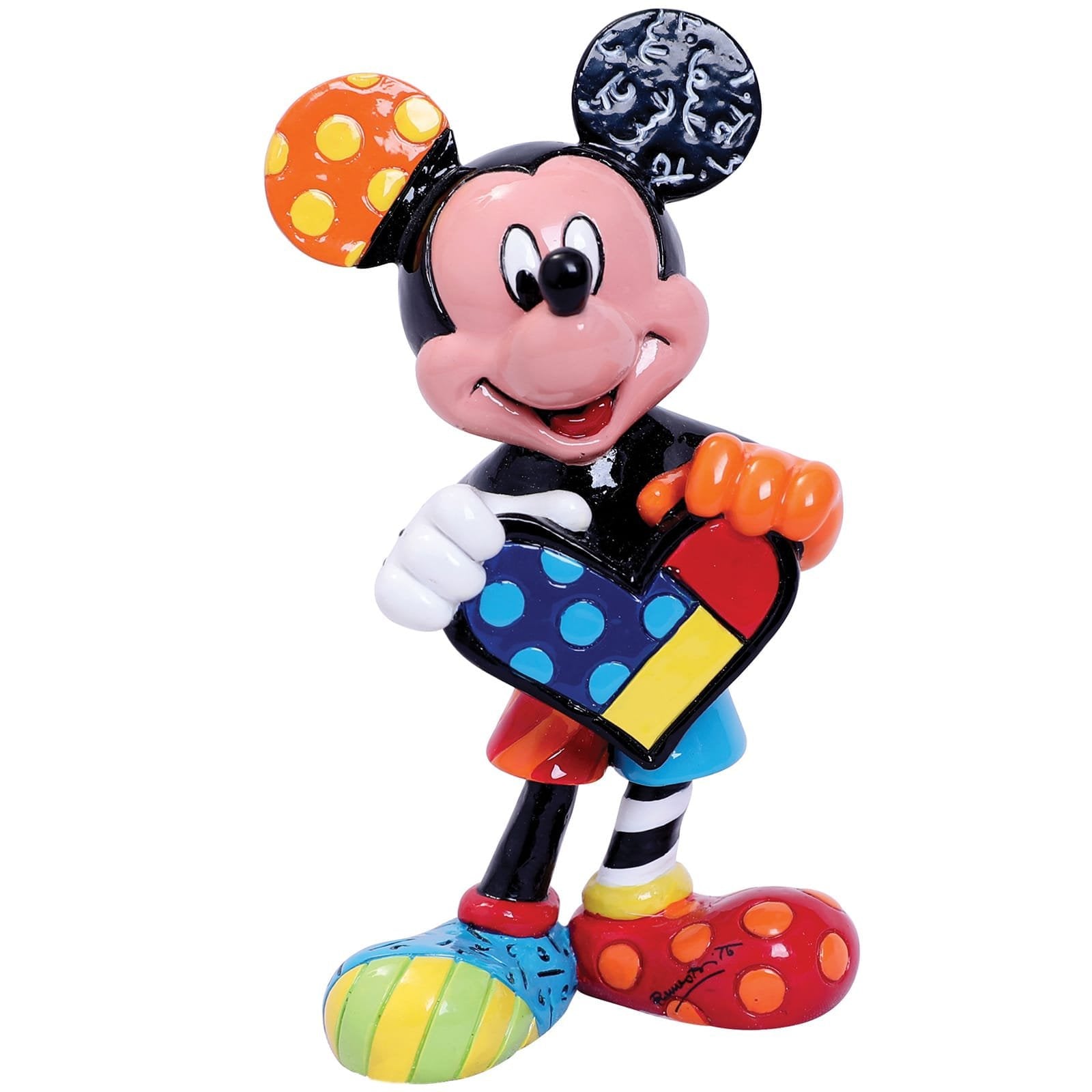 Handbeschilderd Mickey Mouse beeldje van Romero Britto met felgekleurde hartvorm en levendig popartpatroon, geleverd in merkdoos.