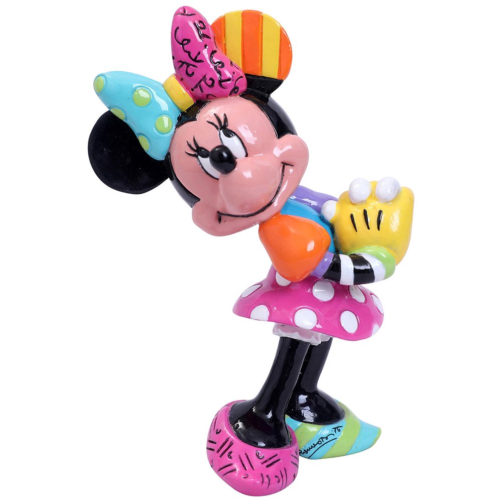 Minnie Mouse beeldje van Romero Britto – handbeschilderd in levendige regenboogkleuren met hoogglans afwerking, geleverd in een stijlvolle merkdoos.