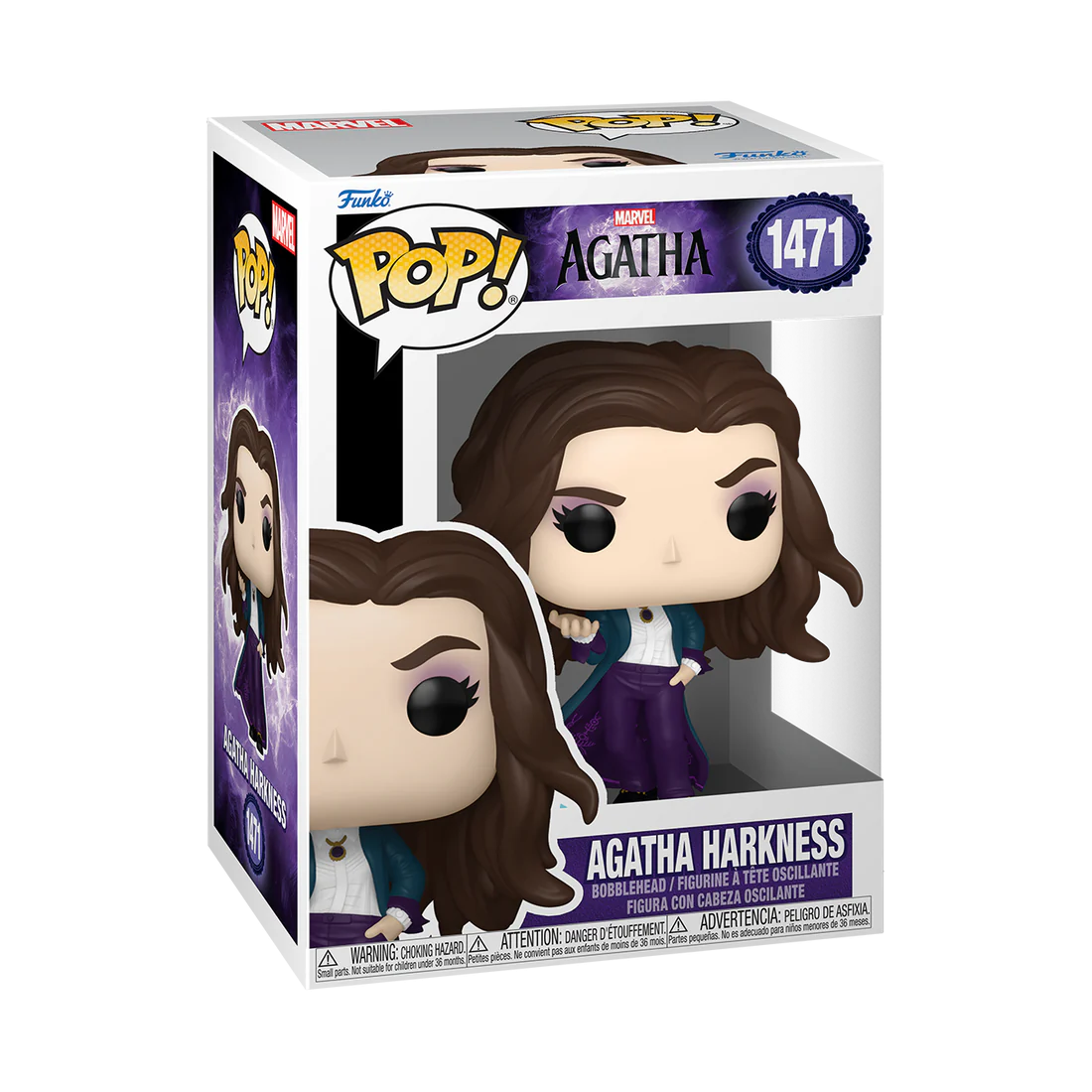 "Iconisch Agatha Harkness Funko Pop! figuurtje uit Marvel’s Agatha All Along, ideaal voor display op plank of bureau."
