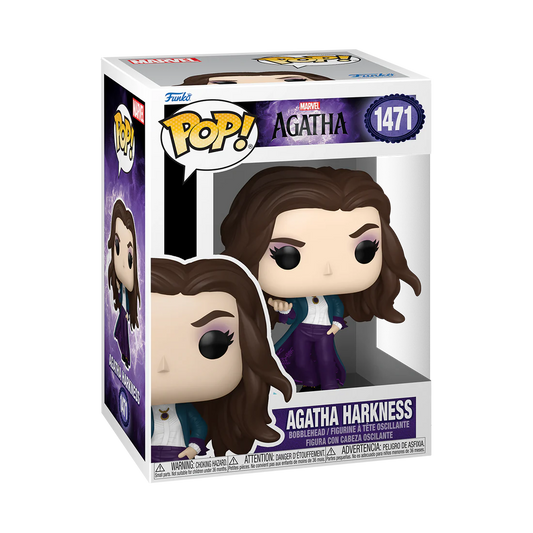 "Iconisch Agatha Harkness Funko Pop! figuurtje uit Marvel’s Agatha All Along, ideaal voor display op plank of bureau."