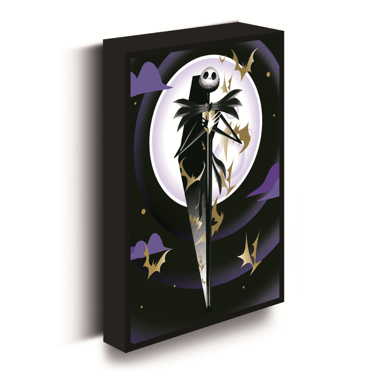 "Decoratief Jack Skellington canvas met ingebouwde LED’s, geïnspireerd op Tim Burton’s The Nightmare Before Christmas, geschikt voor binnengebruik."