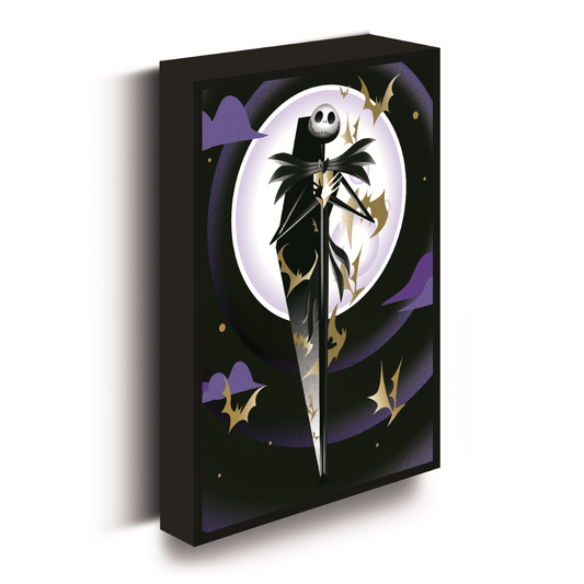 "Decoratief Jack Skellington canvas met ingebouwde LED’s, geïnspireerd op Tim Burton’s The Nightmare Before Christmas, geschikt voor binnengebruik."