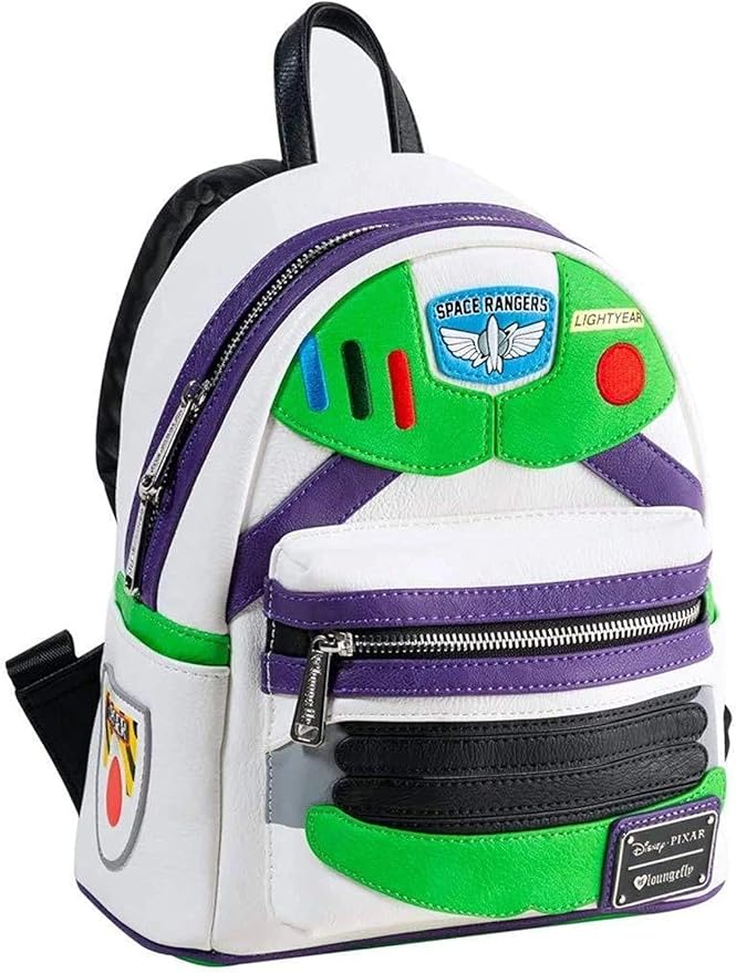 Loungefly Toy Story Buzz Lightyear rugzak met iconische kleuren en meerdere vakken.