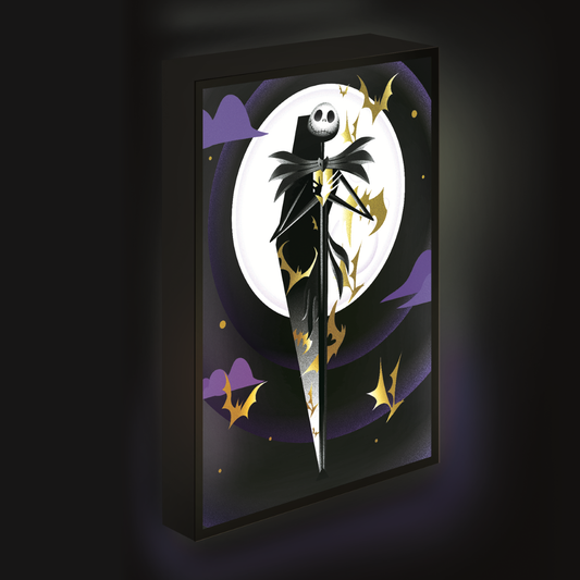"Lichtgevend canvas van Jack Skellington uit The Nightmare Before Christmas, perfect voor sfeervolle decoratie in woonkamer of slaapkamer."
