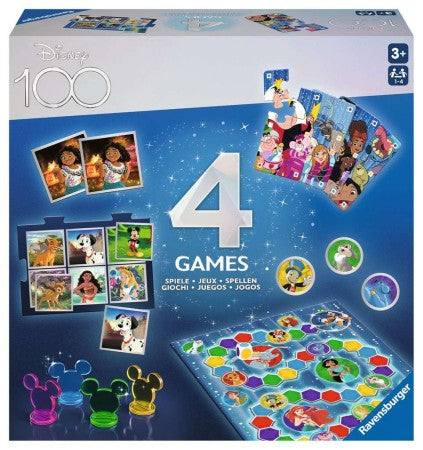 Verken de betoverende wereld van Disney met de Disney 100 4-in-1 Bordspellen. Dit unieke pakket bevat vier klassieke bordspellen, elk doordrenkt met de magie van geliefde Disney-personages en -werelden. Van Arendelle's koninkrijk tot de straten van Parijs, dit pakket belooft eindeloos plezier voor het hele gezin.