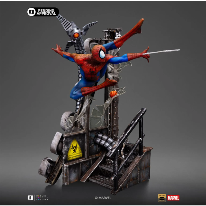 Gedetailleerd close-upbeeld van de handgeschilderde Spider-Man Art Scale 1/10 statue, met textuur van het kostuum.
