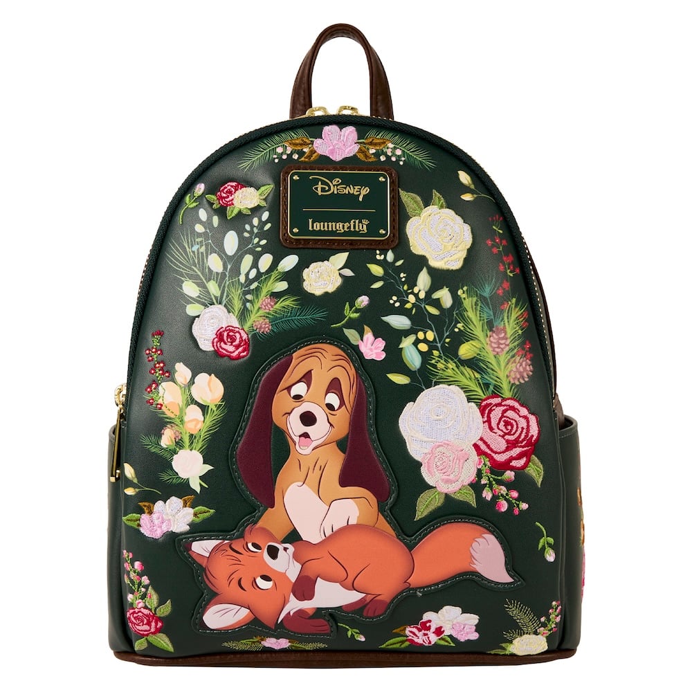 Loungefly mini-backpack met Frank en Frey, gemaakt van vegan leer met illustraties van de jonge vos en jachthond uit de Disney-klassieker.