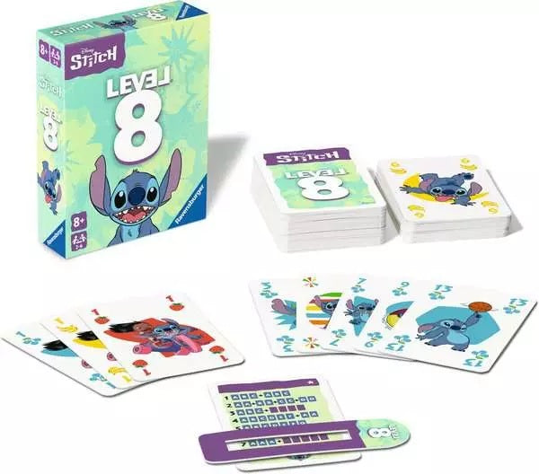 Level 8 Stitch kaartspel met kleurrijke kaarten en uitdagende levels voor het hele gezin.
