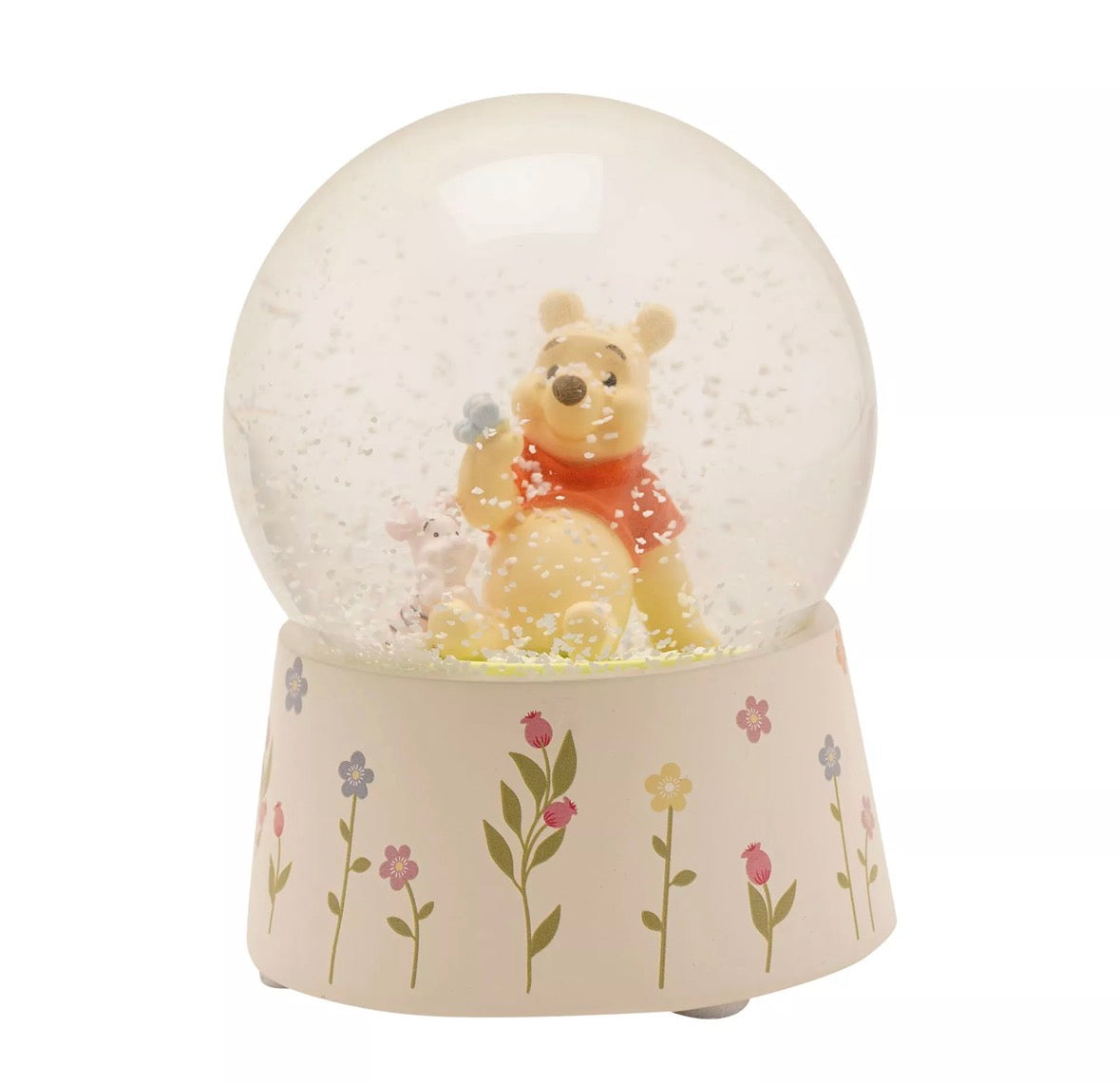 Honderd Bunderbos sneeuwbol met Winnie de Poeh knuffelfiguur en bloemenbasis – charmant cadeau voor fans