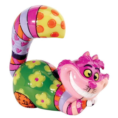 Uniek Cheshire Cat-beeldje van Romero Britto, handbeschilderd in levendige kleuren en speelse patronen, geleverd in een stijlvolle merkdoos met venster.
