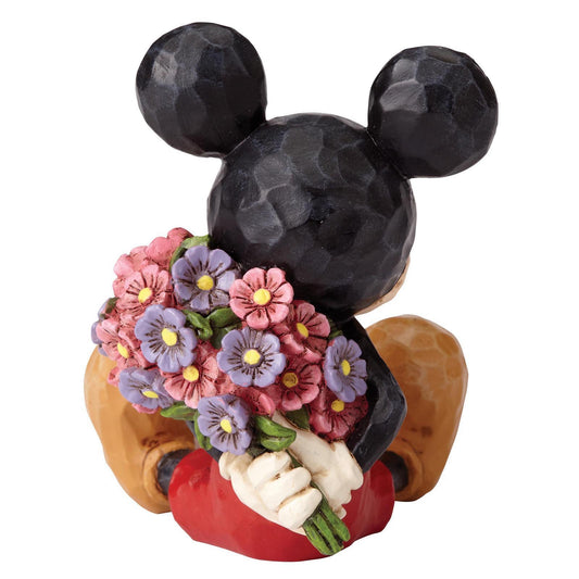 Disney Jim Shore Mickey Mouse met boeket bloemen, romantisch handgeschilderd verzamelbeeldje voor Disney verzamelaars en cadeau.