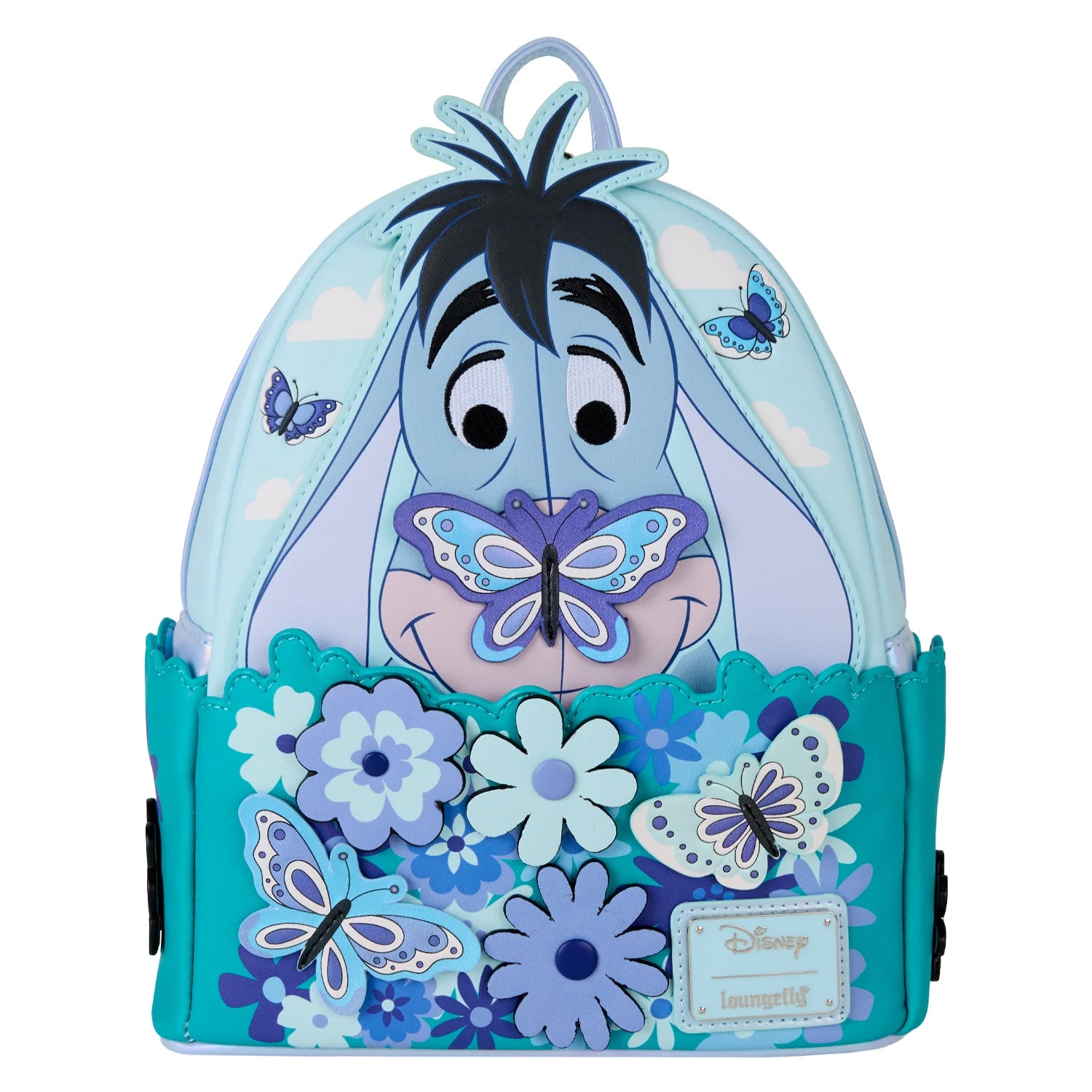 Loungefly mini-backpack met Eeyore uit Winnie the Pooh. Gemaakt van vegan leer met zachte kleuren, staartdetail en compact design.