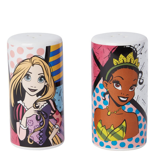 Disney Princess Zout- & Peperstel van Romero Britto met Aurora, Tiana, Rapunzel en Jasmine in levendige kleuren en gedurfde patronen.