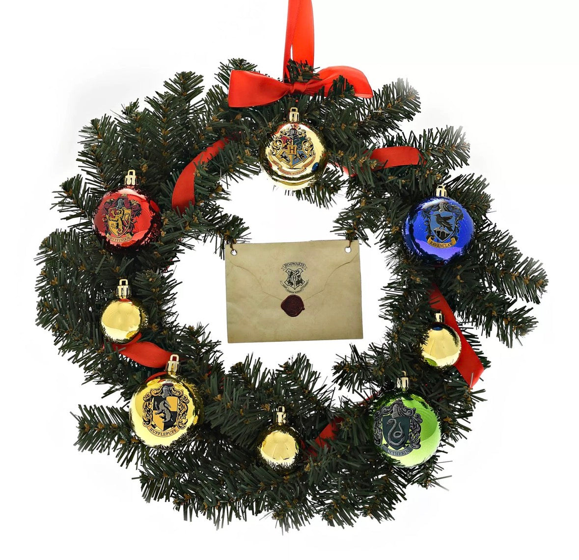 Harry Potter kerstkrans met kerstballen en brief als magische kerstdecoratie voor deur of woonkamer voor fans