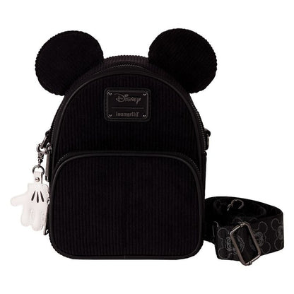 "Zwarte Mickey Mouse crossbody tas met corduroy, applicatieoren en afneembare vegan leren ritssluiting charm."