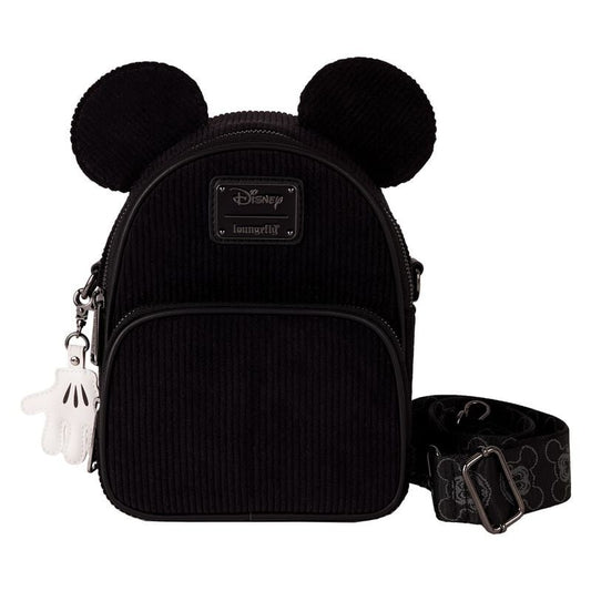 "Zwarte Mickey Mouse crossbody tas met corduroy, applicatieoren en afneembare vegan leren ritssluiting charm."